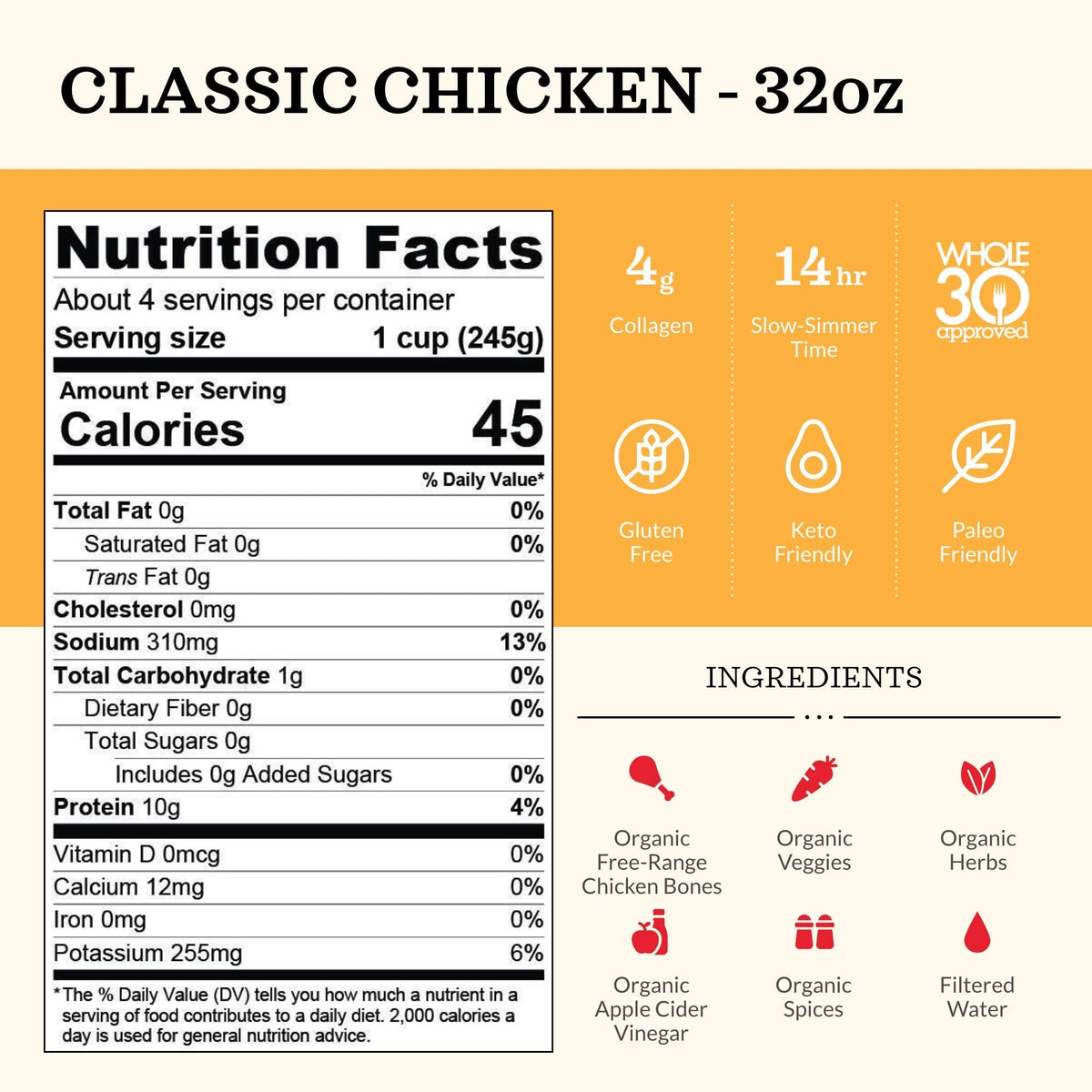 Kettle & Fire Organic Classic Chicken Bone Broth, Case of 8, 32 Ounce Cartons