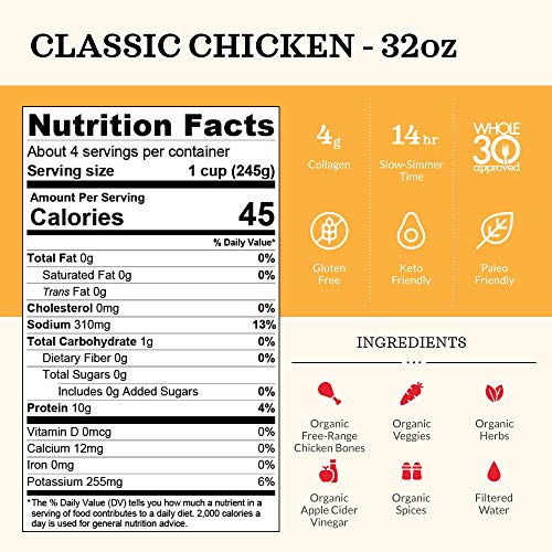 Kettle & Fire Organic Classic Chicken Bone Broth, Case of 8, 32 Ounce Cartons