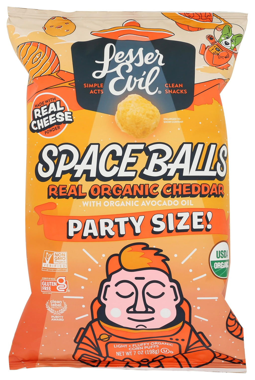 LesserEvil Organic Space Balls Cheddar Cheese Corn Puffs, 7 oz (Case of 6)