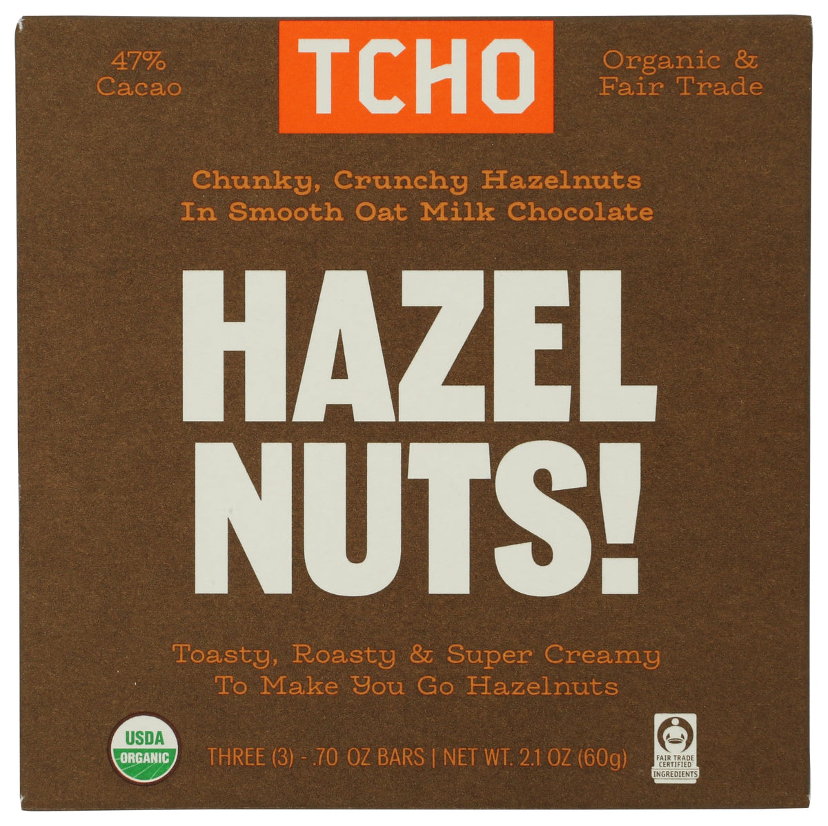 TCHO Chocolate Organic Hazelnuts Oatmilk Chocolate Bar, Case of 10, 2.1 Ounce Bars