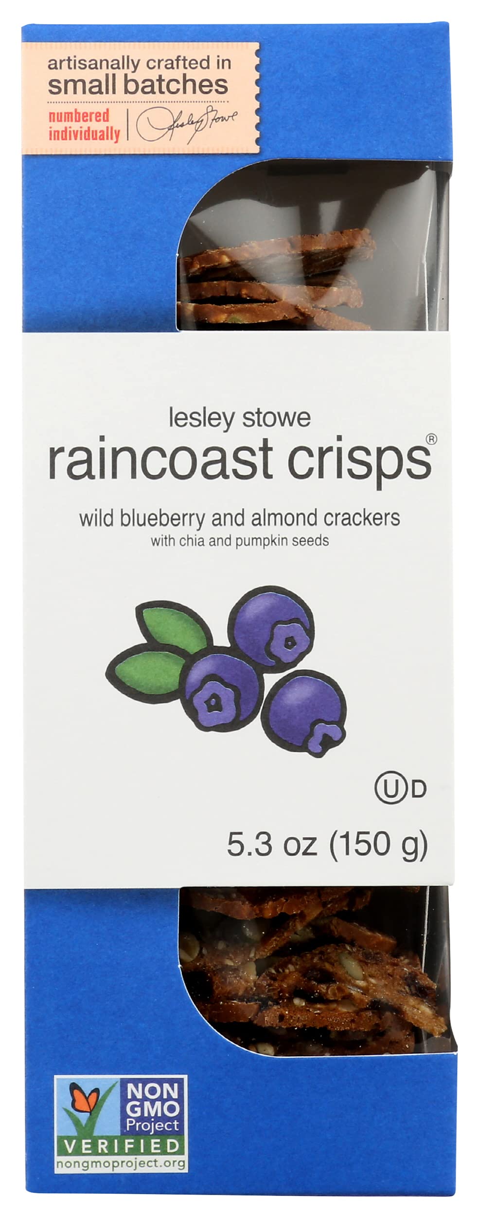 Lesley Stowe Wild Blueberry Almond Raincoast Crisps, Case of 12, 5.3 Ounce