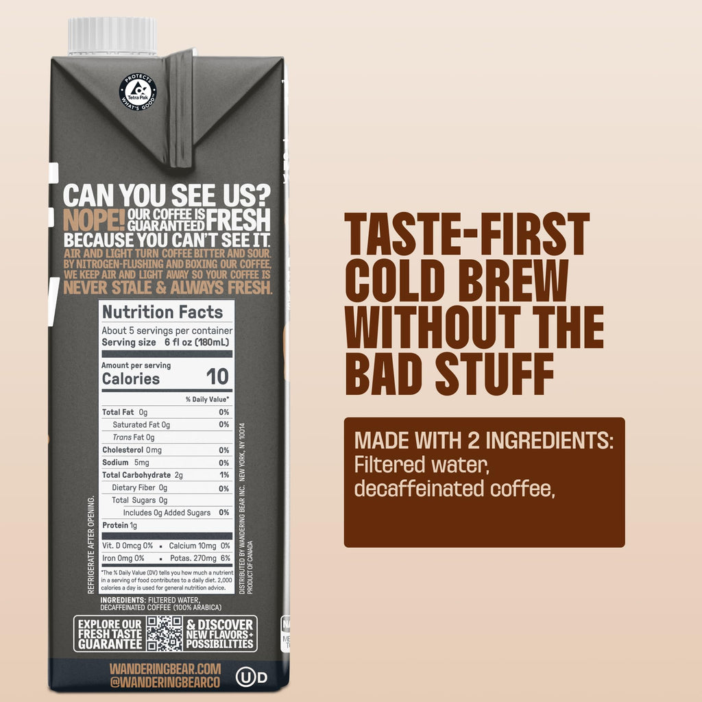 Wandering Bear Coffee Decaf Black Cold Brew Coffee, Case of 6, 32 Fl Oz