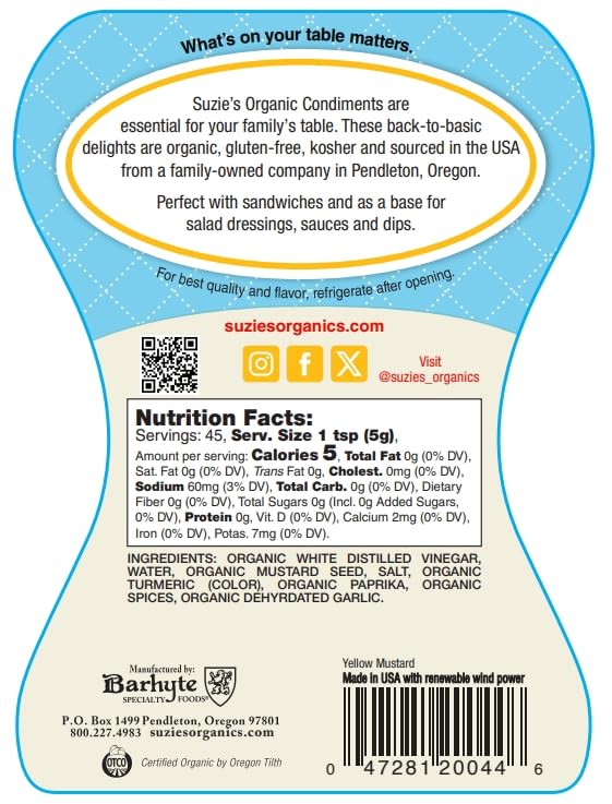 Suzie's Organics Organic Yellow Mustard, Case of 6, 8 Ounces