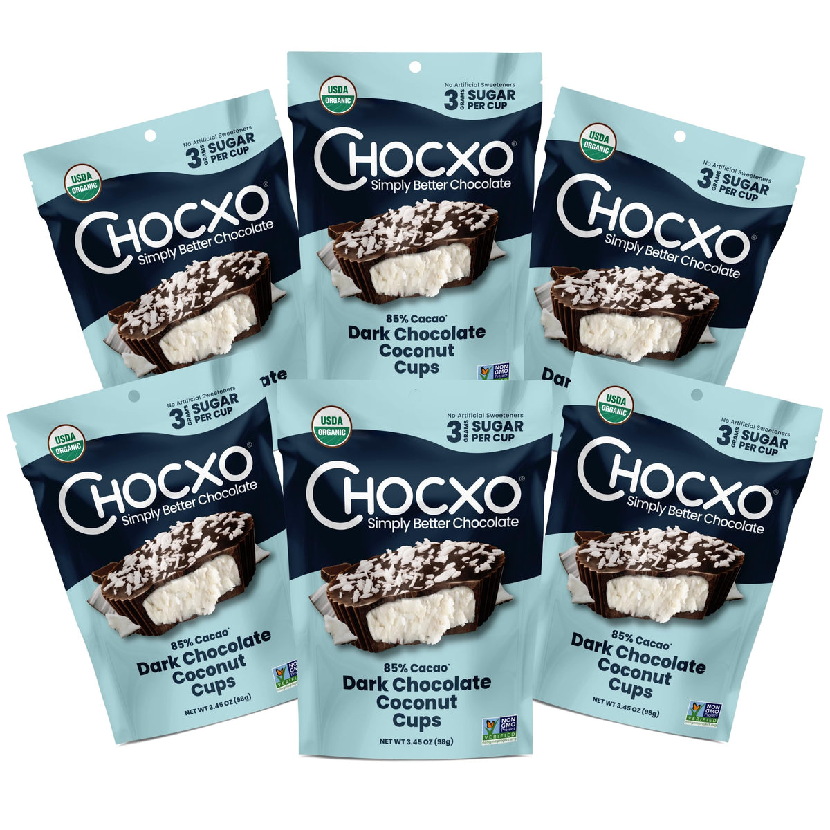 ChocXO Organic Dark Chocolate Coconut Butter Cups, Case of 6, 3.45 Ounce Packs