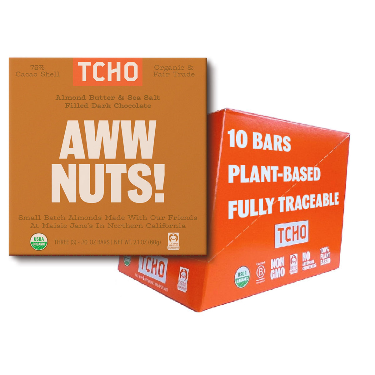 TCHO Organic Aww Nuts Almond Dark Chocolate Bar, Case of 10, 2.1 oz Bars