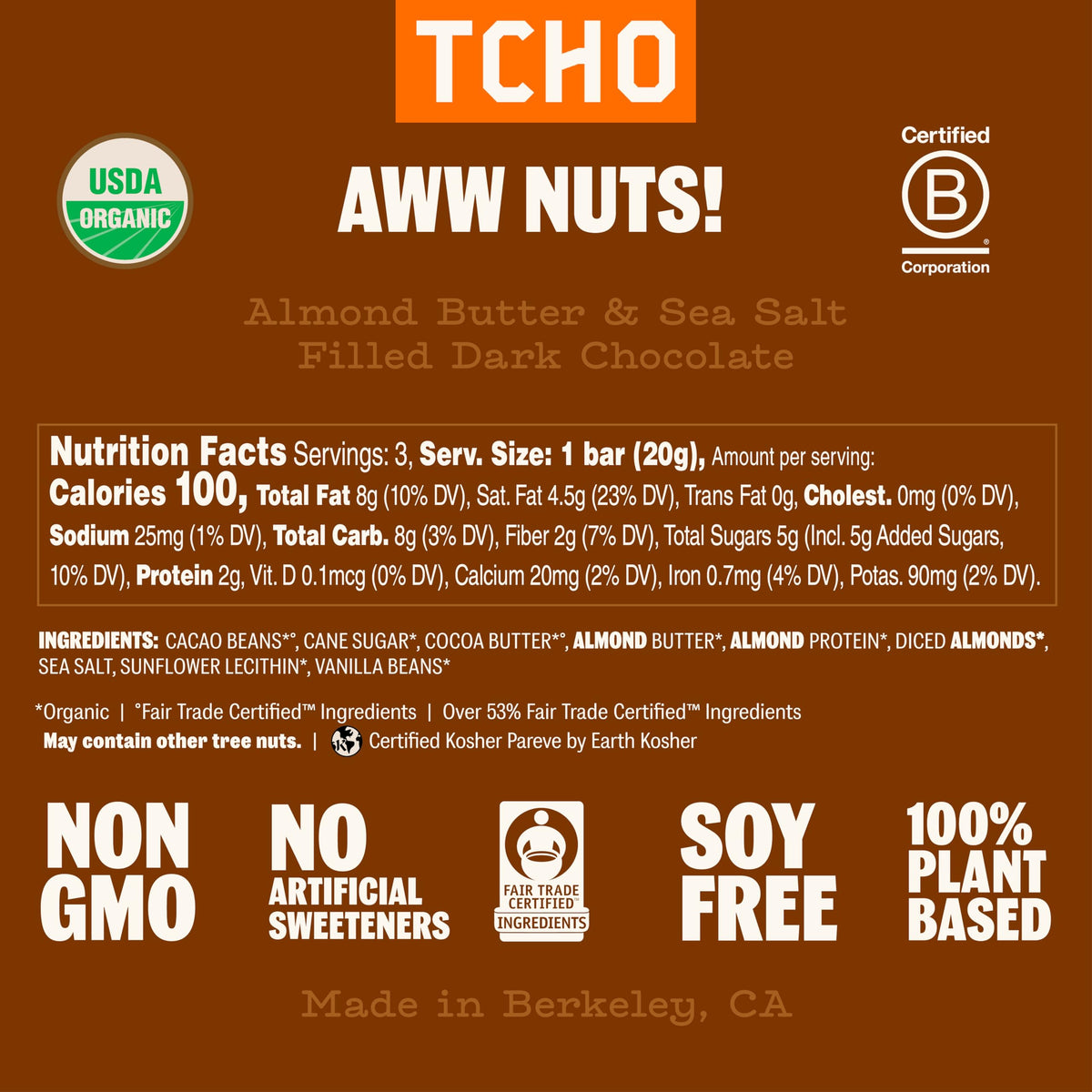 TCHO Organic Aww Nuts Almond Dark Chocolate Bar, Case of 10, 2.1 oz Bars