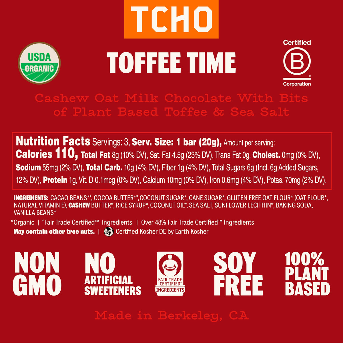 TCHO Chocolate Organic Toffee Time Chocolate Bar, Case of 10, 2.1 Oz Bars