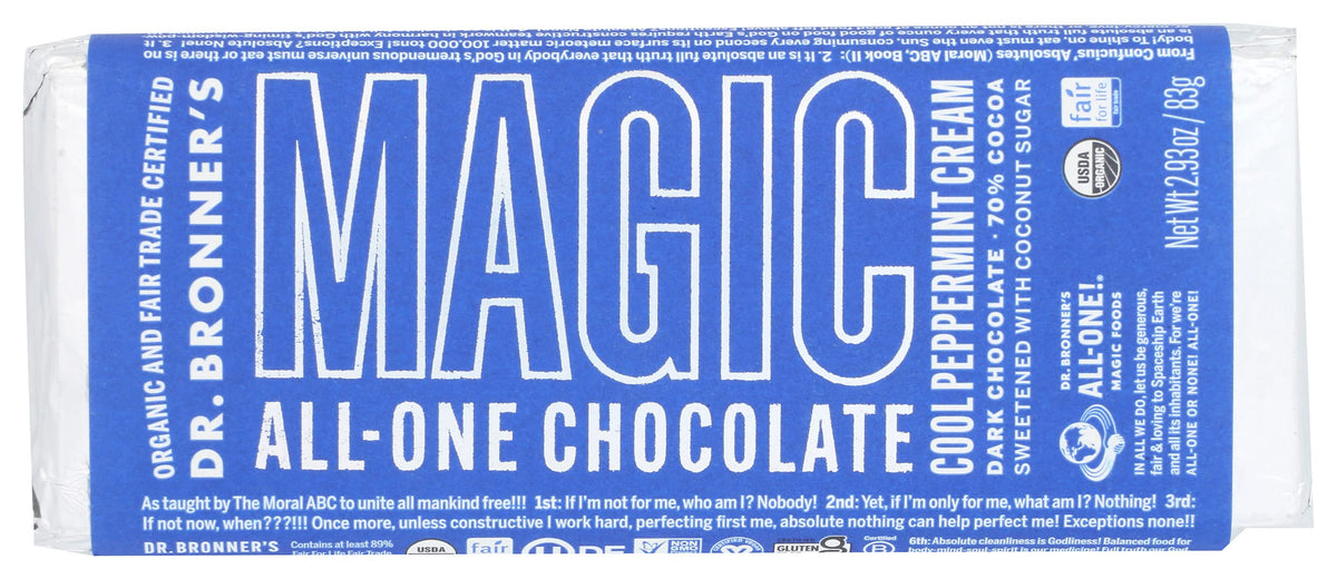 Dr. Bronner's Magic Chocolate Organic Dark Chocolate Peppermint Cream Bar, Case of 12, 2.93 Ounce Bars