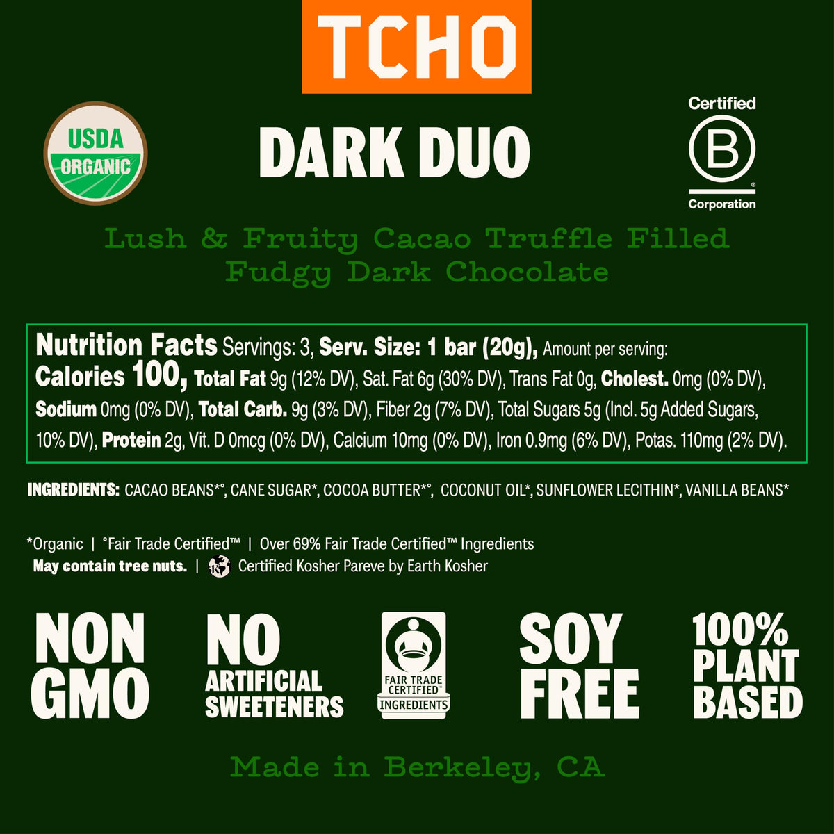 TCHO Organic Dark Duo Chocolate Bar, Case of 10, 2.1 Ounce Bars