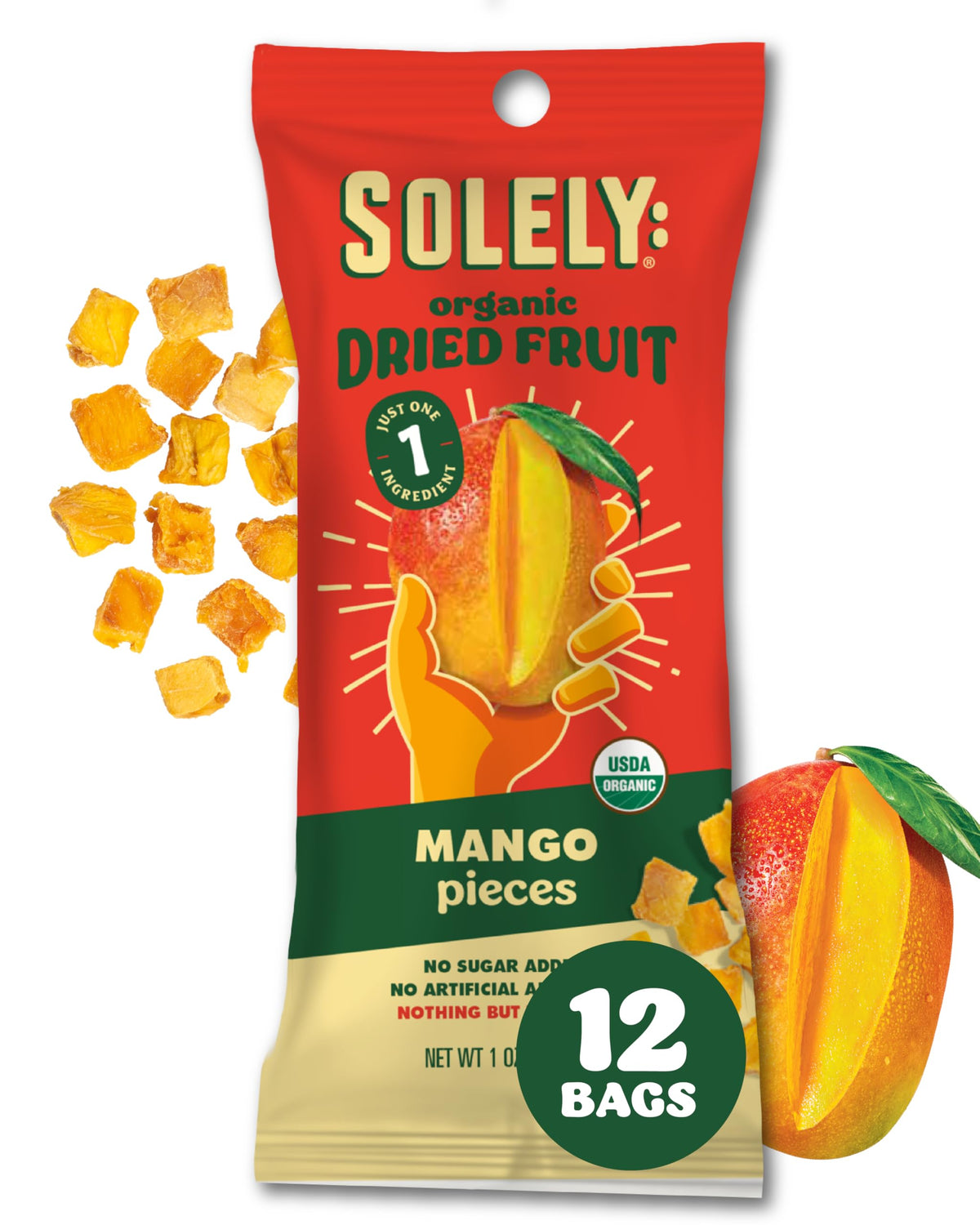Solely Organic Dried Mango Fruit Pieces, Case of 12, 1 Ounce Bags
