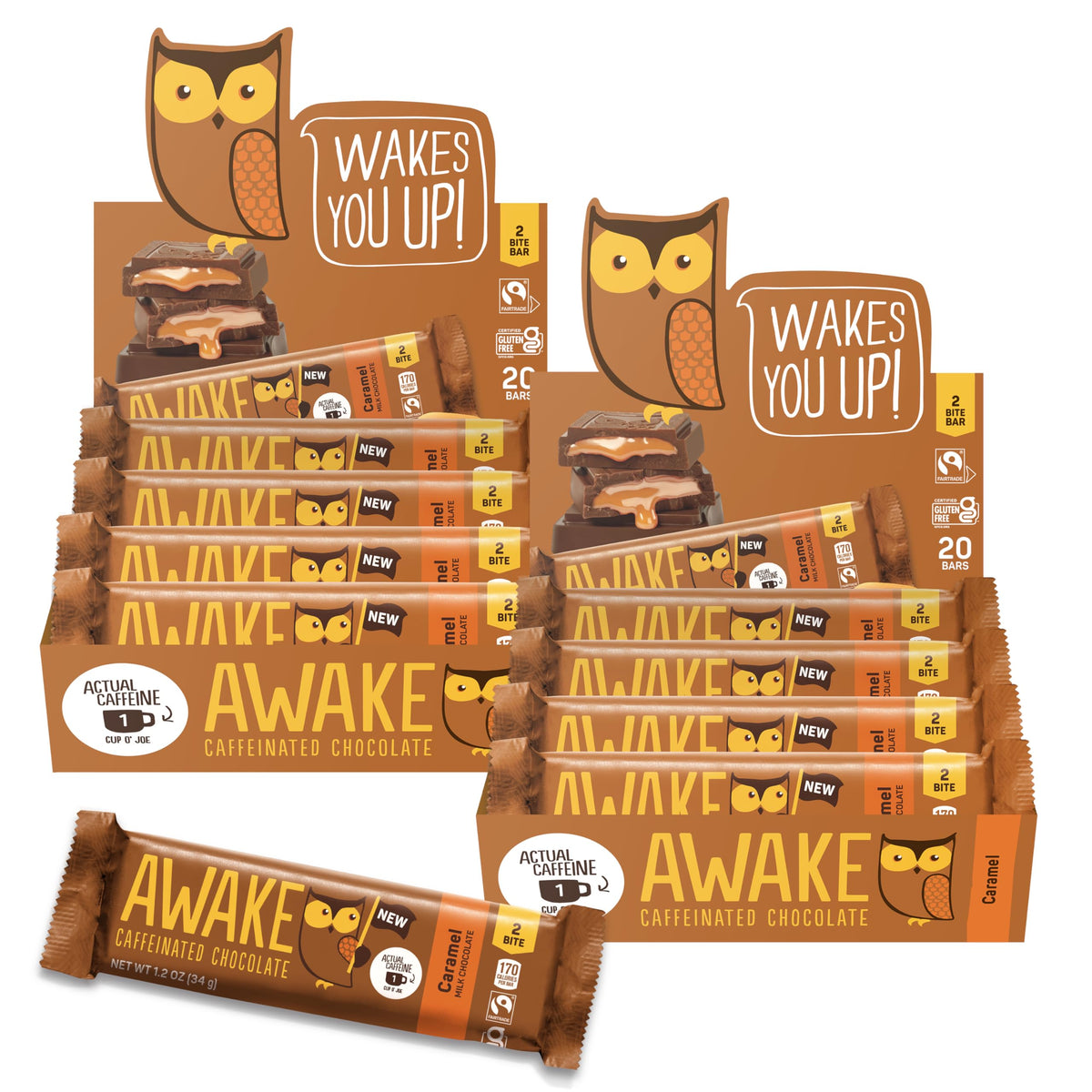 Awake Chocolate Caffeinated Chocolate Caramel Bar, Case of 20, 1.2 Ounce Bars