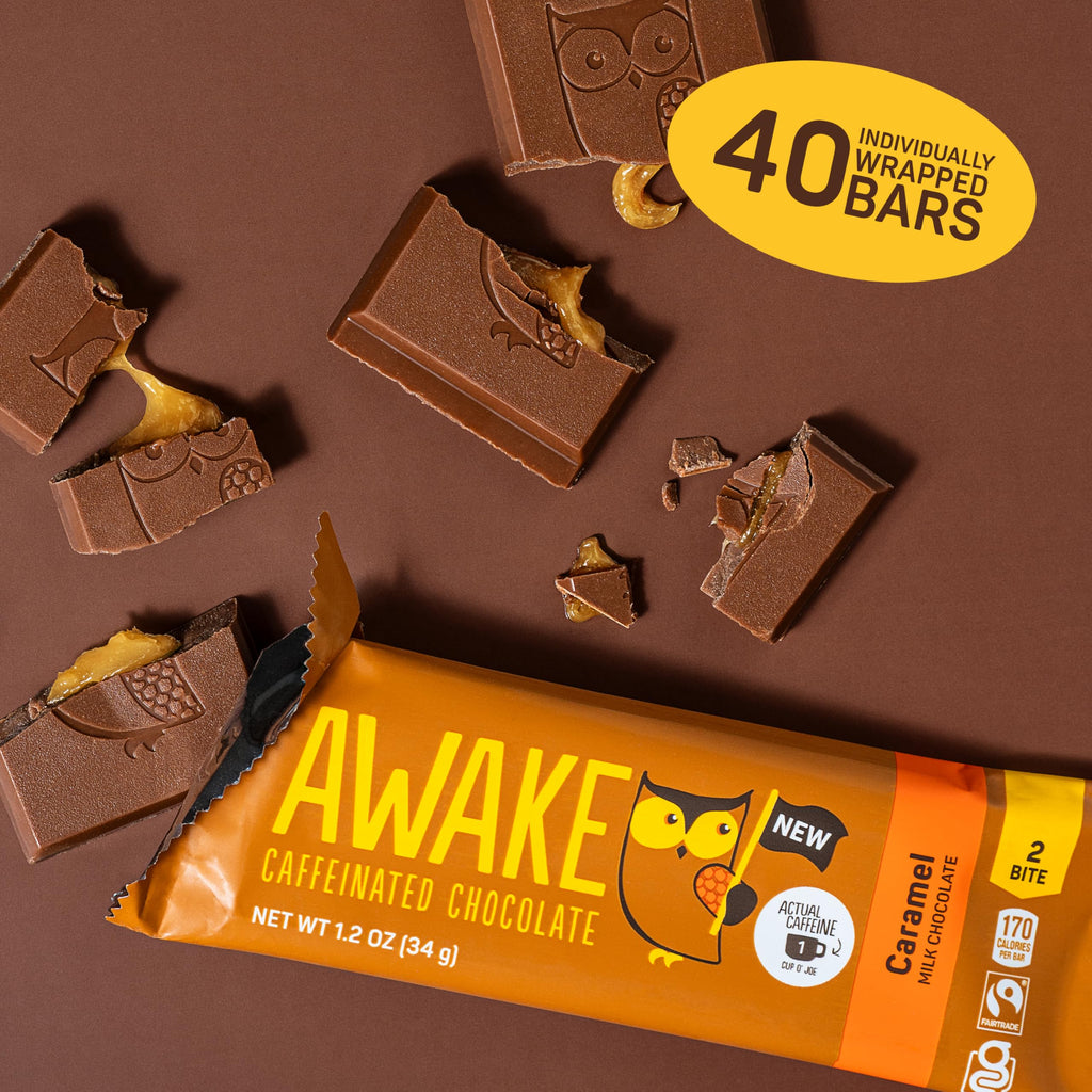 Awake Chocolate Caffeinated Chocolate Caramel Bar, Case of 20, 1.2 Ounce Bars