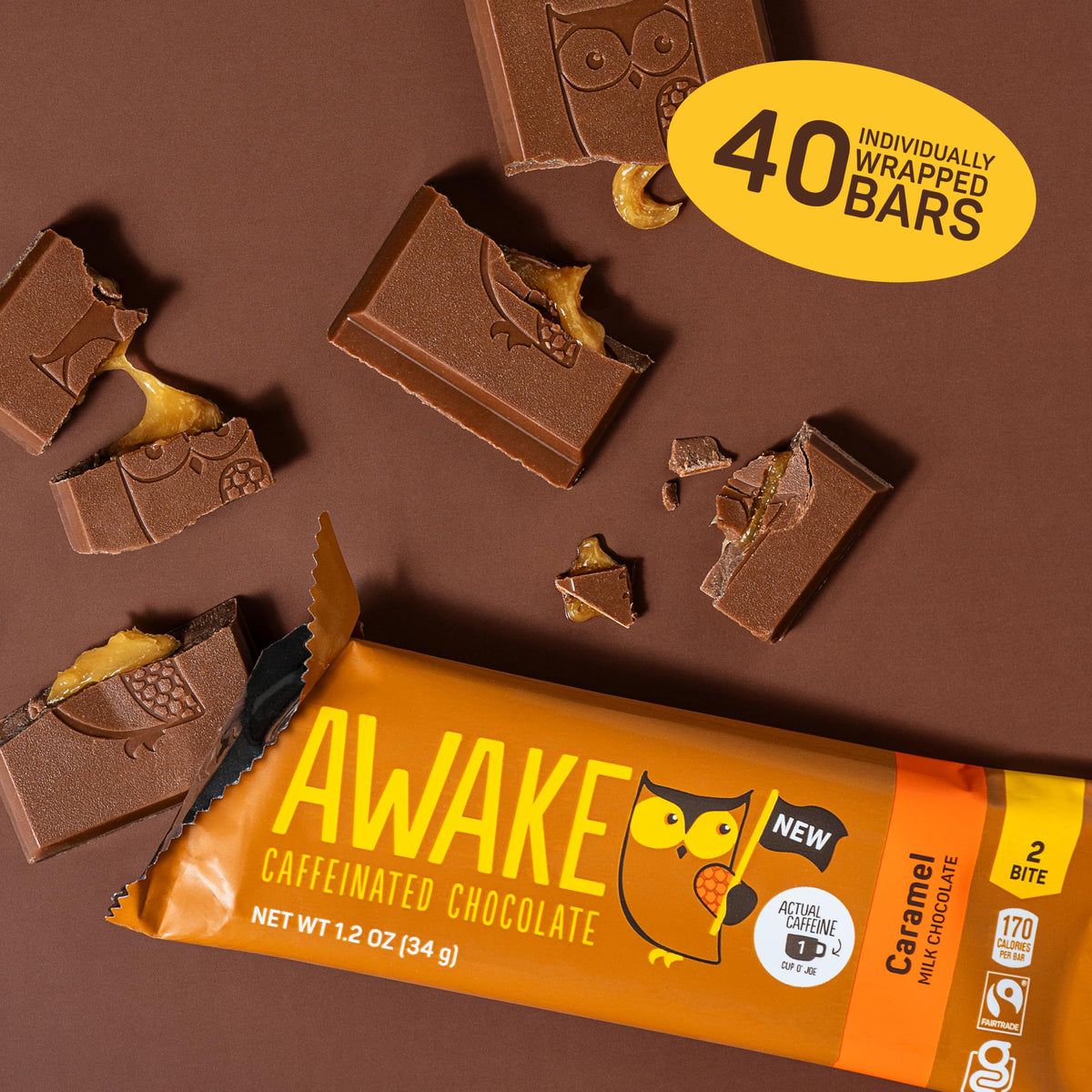 Awake Chocolate Caffeinated Chocolate Caramel Bar, Case of 20, 1.2 Ounce Bars