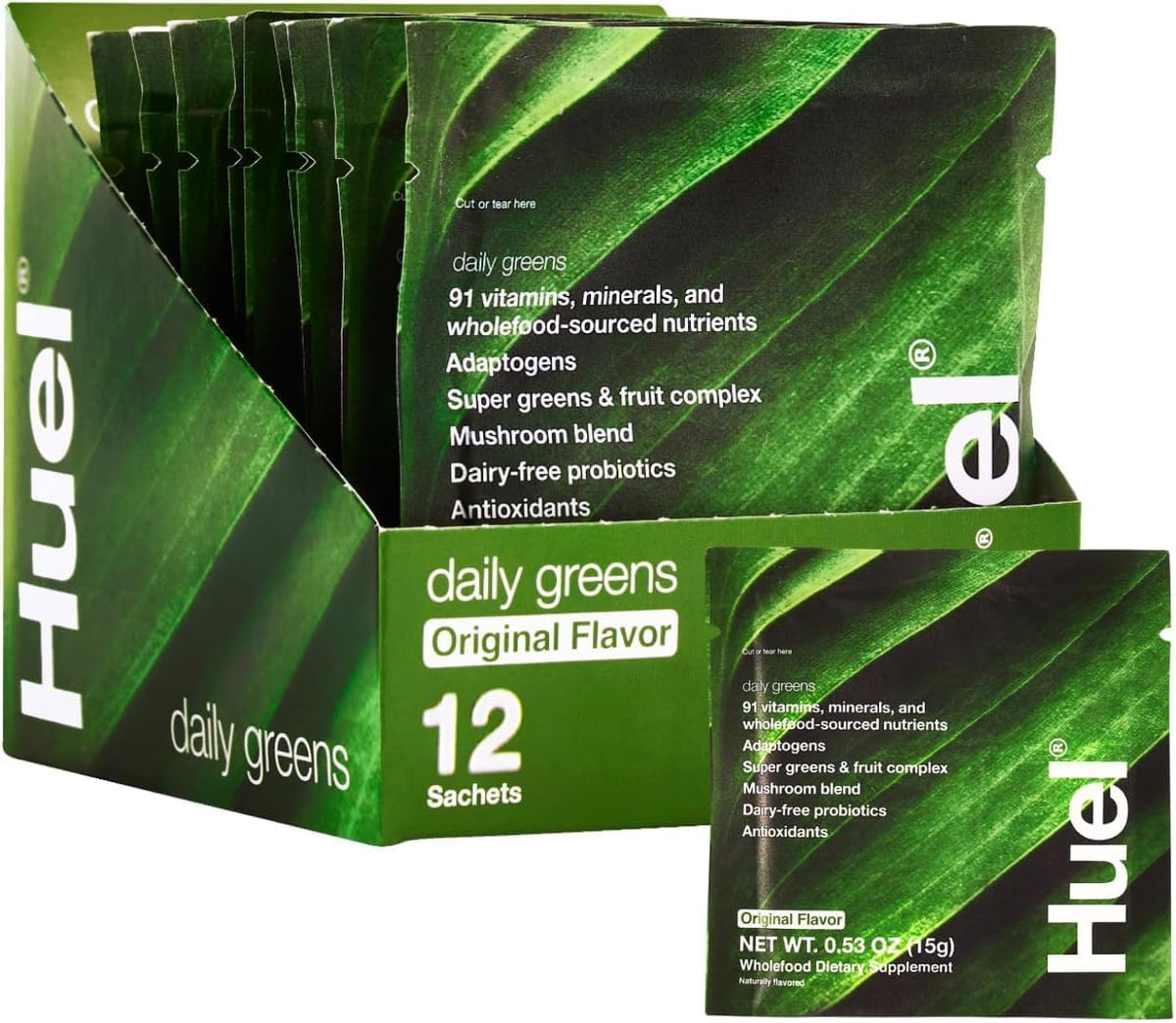 Huel Original Daily Greens Supplement Powder, 0.30 Oz Packs, Case of 12