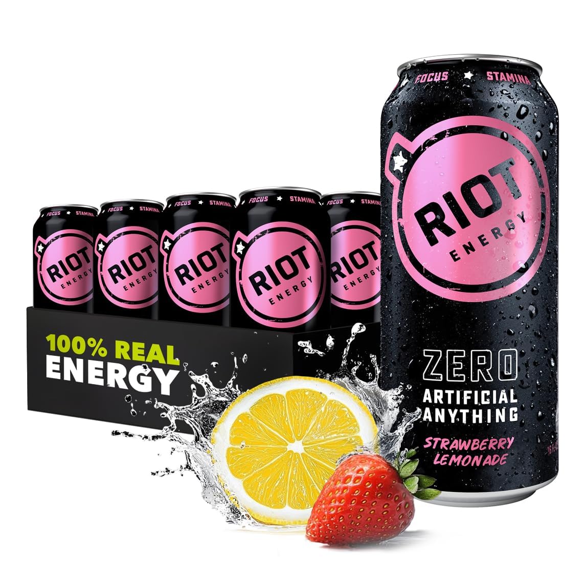 Riot Energy Strawberry Lemon Energy Drink, Case of 12, 16 fl oz Cans