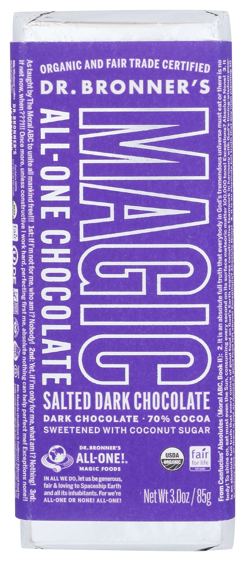 Magic Chocolate Organic Dark Chocolate Sea Salt Bar, Case of 12, 3 oz Bars