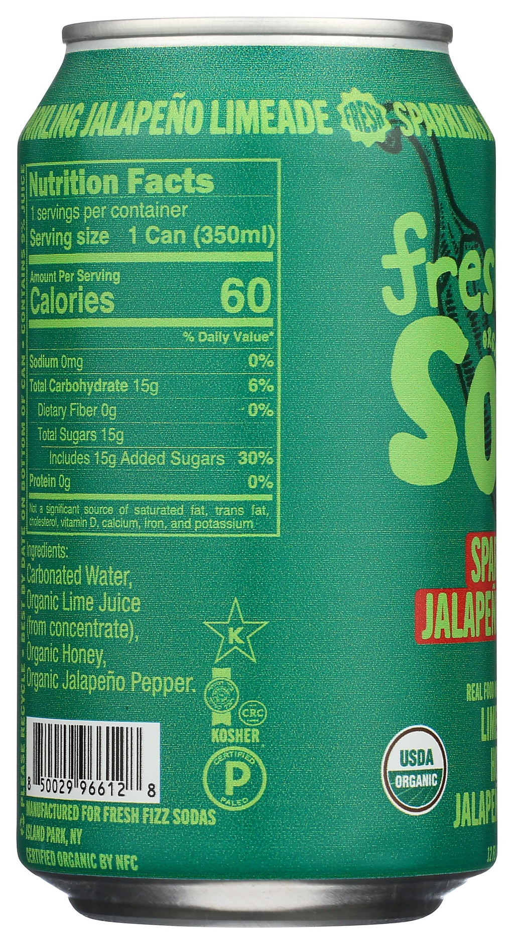 Freshfizz Organic Jalapeno Limeade Sparkling Soda, Case of 12, 12 fl oz Cans