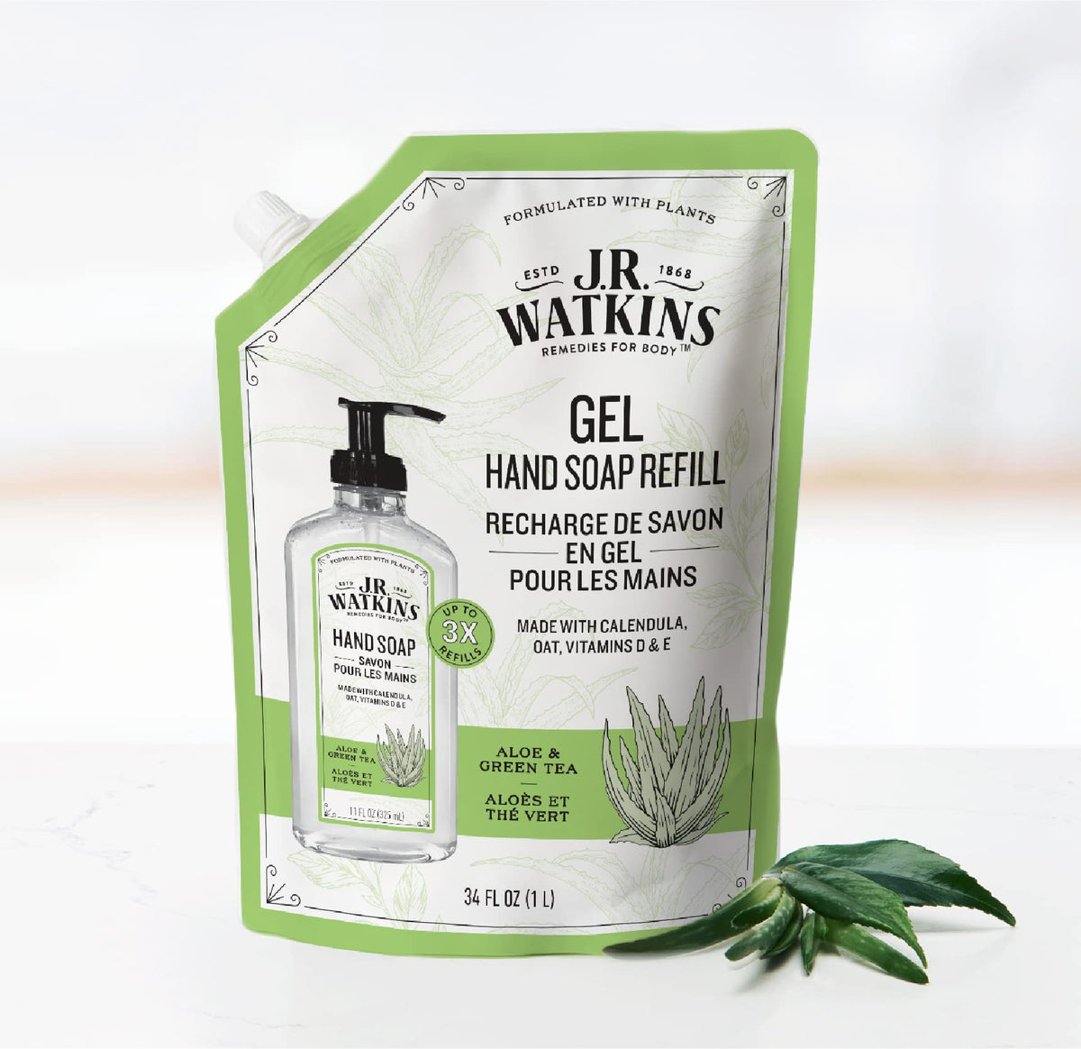 J.R. Watkins Aloe and Green Tea Gel Hand Soap Refill, Case of 2, 34 Fluid Ounce