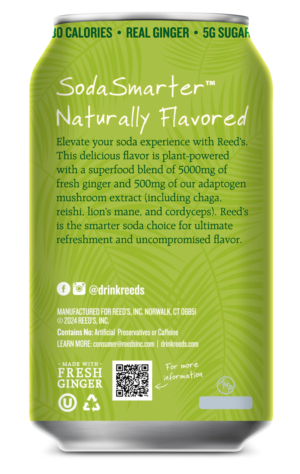 Reed's Functional Ginger Limegrass Soda, Case of 12, 12 fl oz