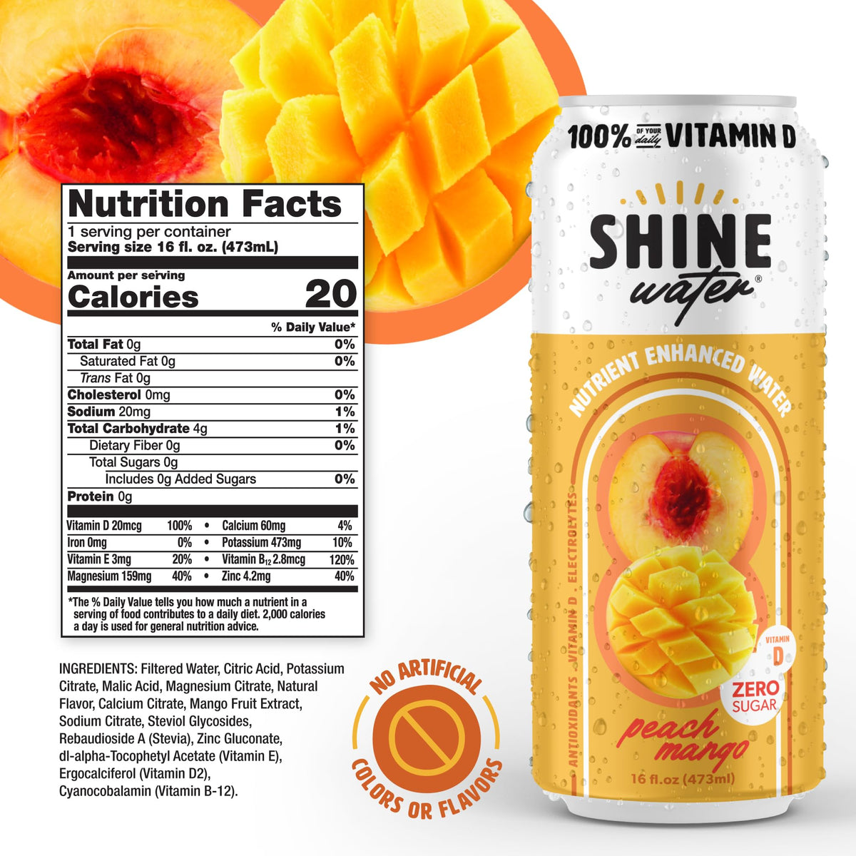 ShineWater Peach Mango Flavored Water, Case of 12, 16 Fluid Ounce Bottles