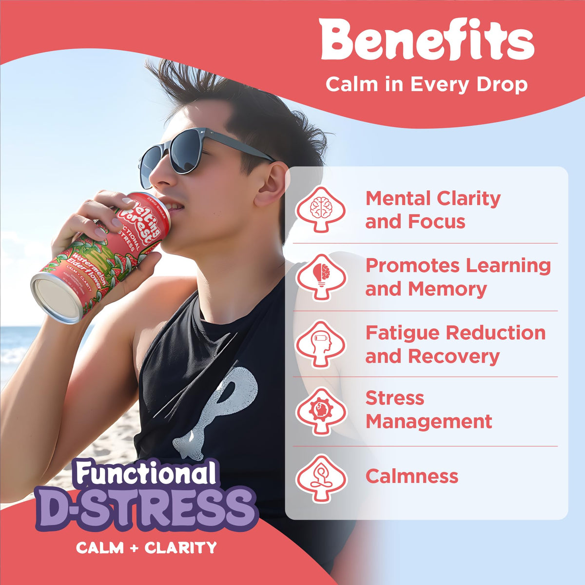 Melting Forest Sparkling D-Stress Watermelon Elderflower Drink, Case of 12, 12 fl oz Cans