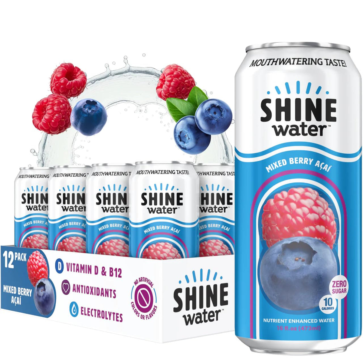ShineWater Mixed Berry Acai Flavored Water, Case of 12, 16 fl oz Each