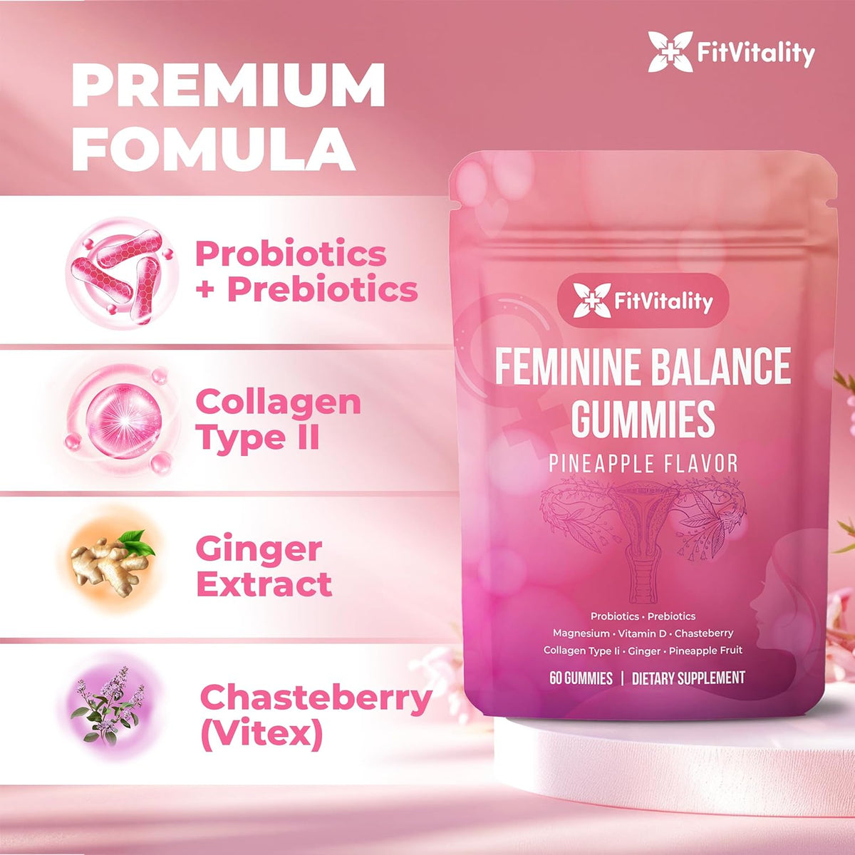 Premium Feminine Balance Gummies – Vaginal Probiotics & Support Digestive Health – Probiotics, Collagen Type II, Chasteberry, Vitamin D & Magnesium