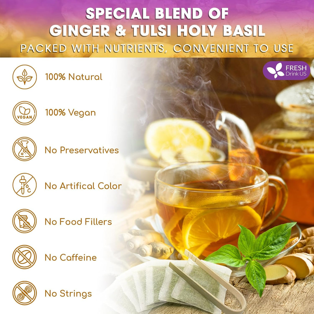 Premium Ginger Tulsi Tea Bags | Hand-made Blend of Ginger and Tulsi Holy Basil Leaves