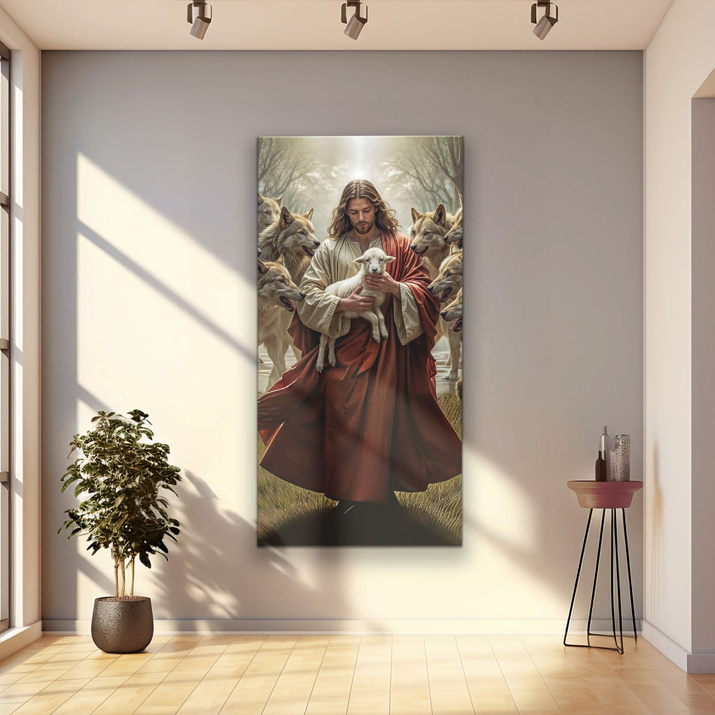 Jesus Protects The Lamb From Wolves Faith Wall Art VI