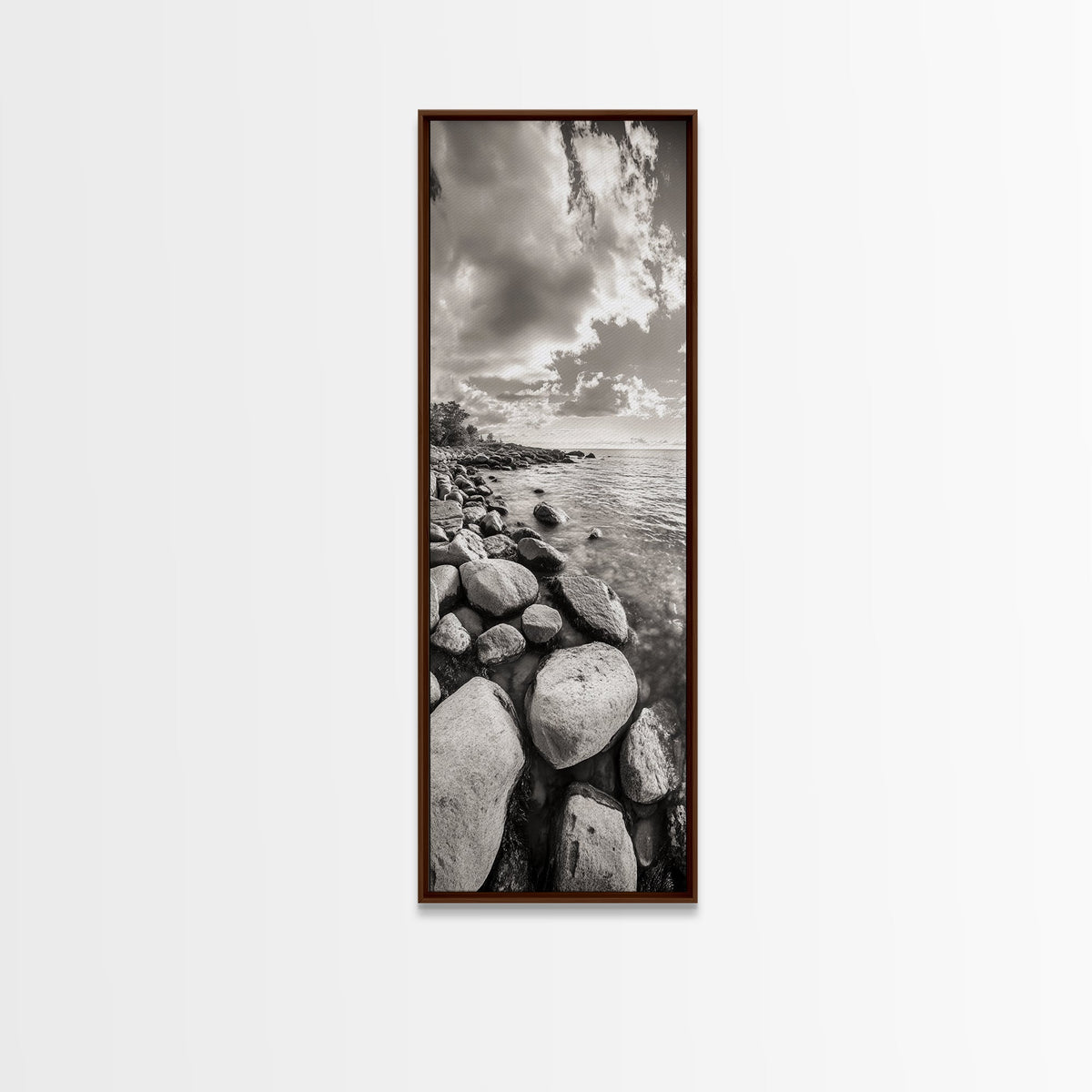 Sunrise Shore, Tranquil Coast, Pebble Beach, Golden Glow, Framed Canvas Print Fall Wall Art, Landscape Living Room Decor, Minimalist Aesthetic
