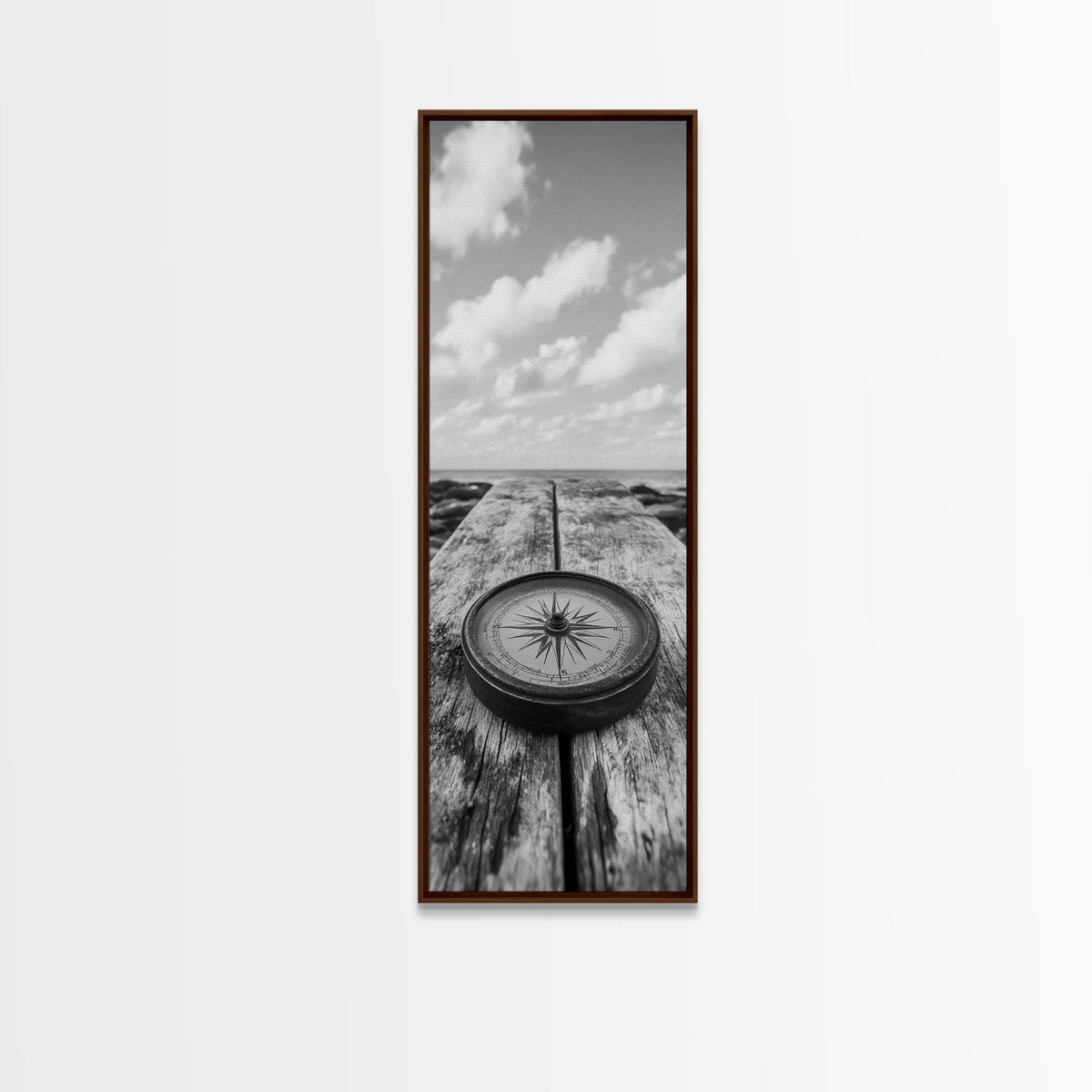 Vintage Compass, Weathered Wood, Ocean Horizon, Canvas Print, Nautical Wall Art, Study Room Decor, Travel Adventure Theme, Library Decor