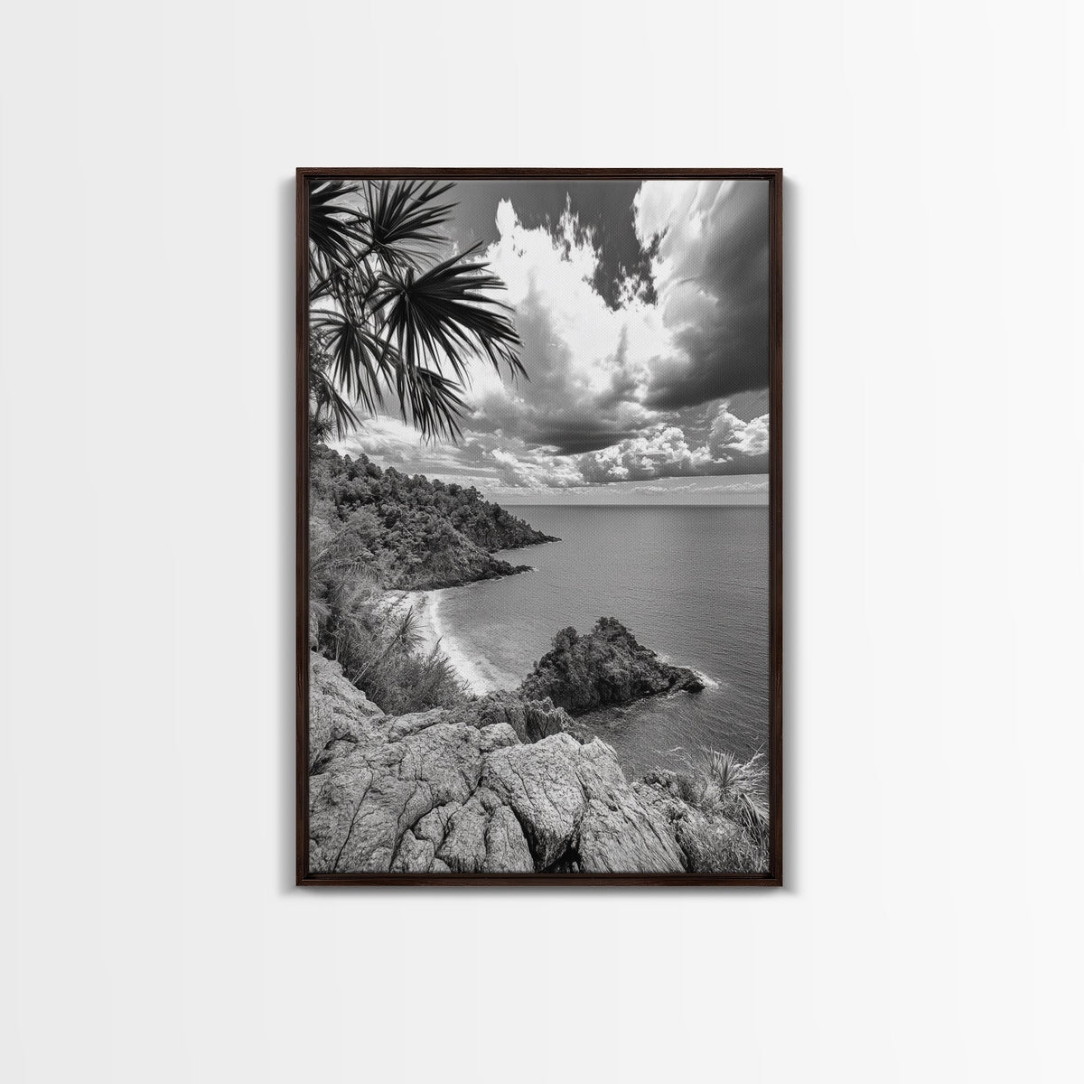 Island View Cliffs, Tropical Shoreline, Black and White Seascape, Framed Canvas Print, Bathroom Art, Travel Decor, Coastal Vibe