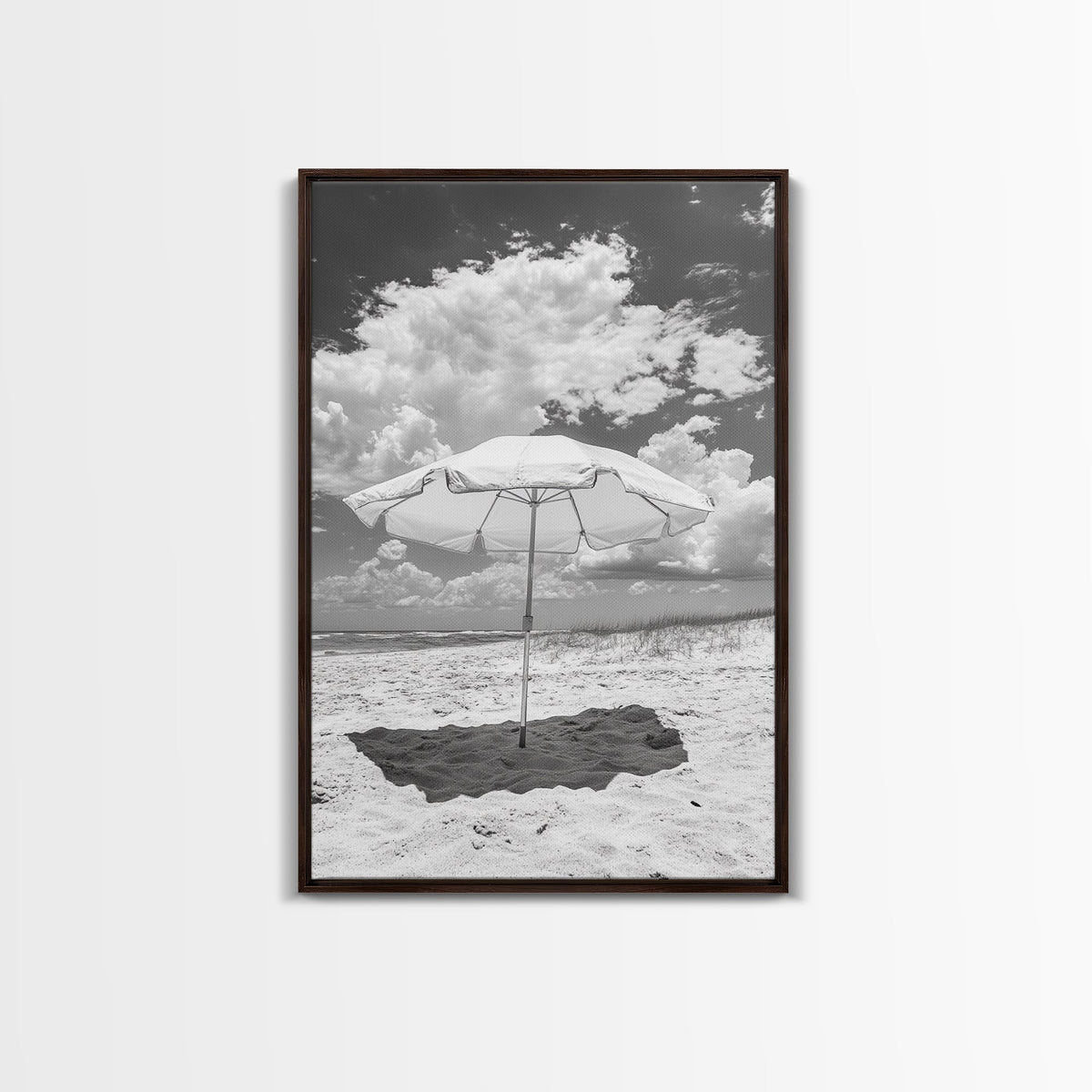 Beach Umbrella, Sunny Escape, Coastal Cloudscape, Framed Canvas Print, Summer Vibe Wall Art, Outdoor Living Decor, Travel Mood