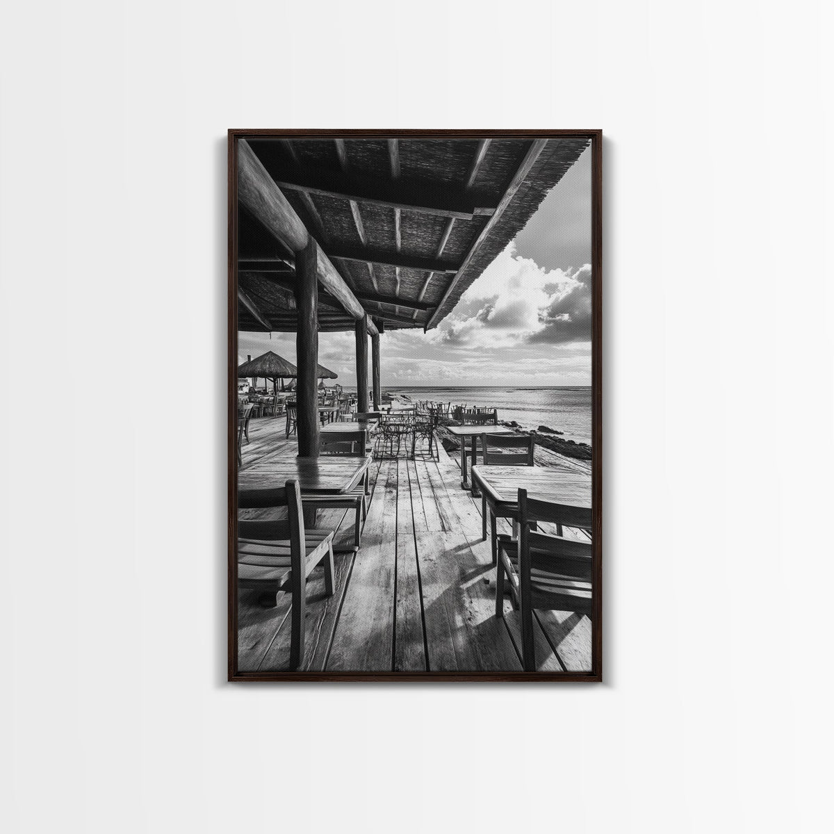 Seaside Café, Coastal Patio, Ocean View, Canvas Print, Rustic Kitchen Wall Art, Tropical Dining Decor, Travel Lifestyle Art