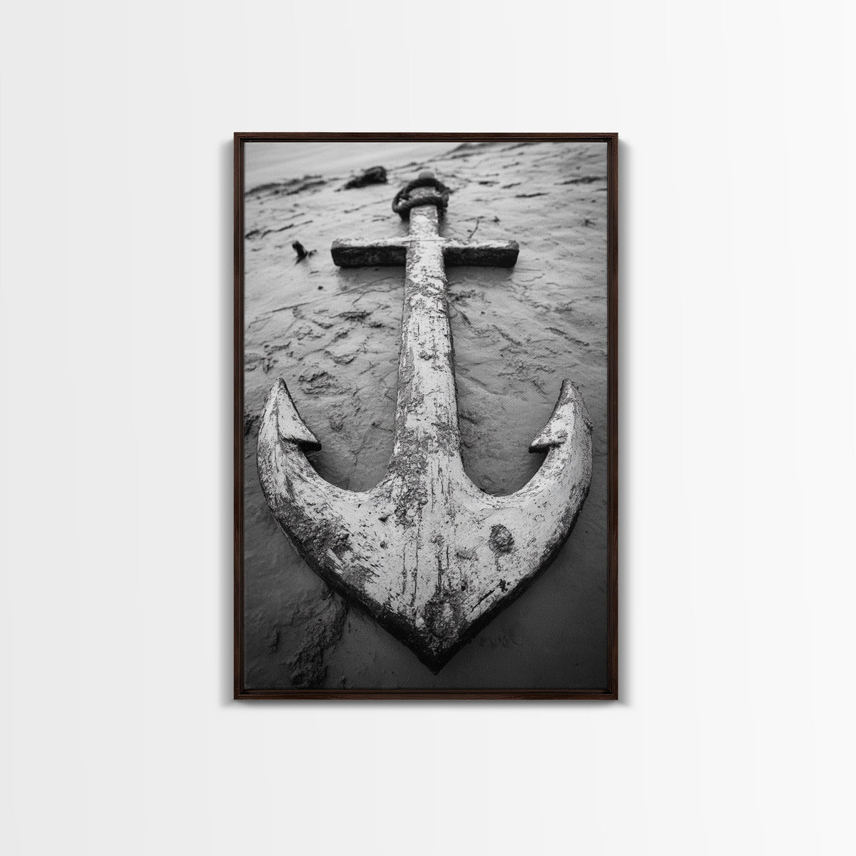 Abandoned Anchor, Nautical Decor, Black White Beach, Framed Canvas Print, Rustic Coastal Wall Art, Entryway Nautical Accent