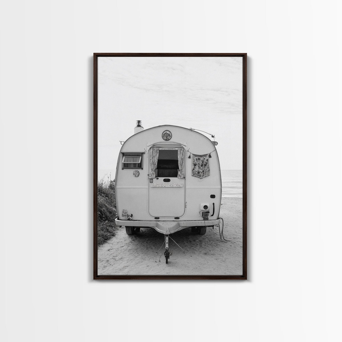 Camper, Vintage, Beach, Boho - Coastal trailer life, Framed Canvas Print, retro decor, great bedroom or travel-inspired office art, black white