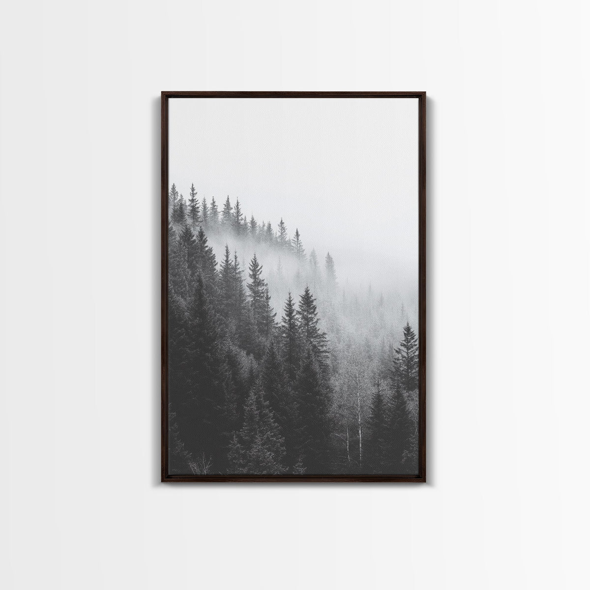 Misty Forest, Pine Trees, Foggy Morning, Canvas Print, Moody Nature Wall Art, Nordic Bedroom Decor, Monochrome Forest Landscape