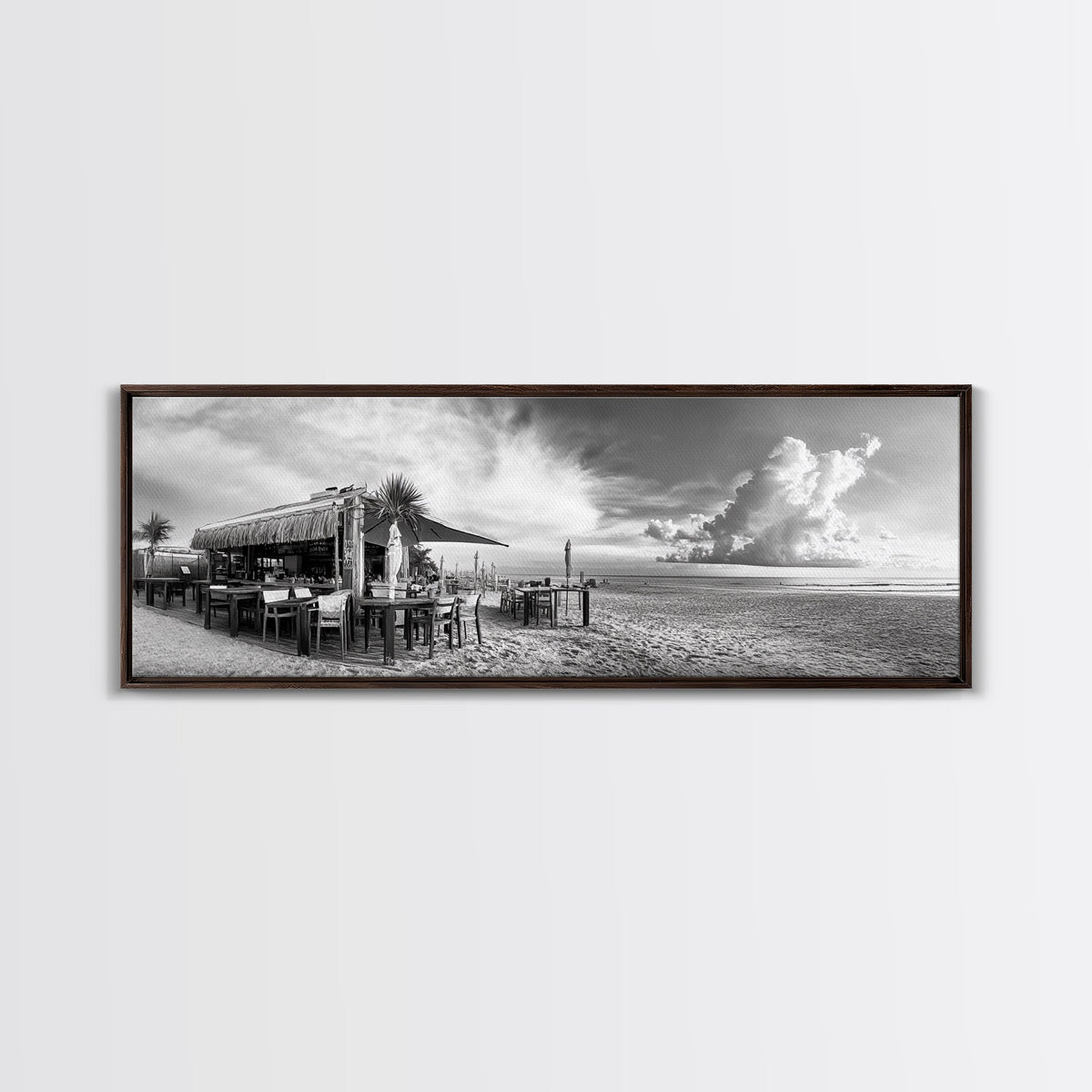 Seaside Bar, Beach Café, Oceanfront Dining, Cloudy Sky, Framed Canvas Print, Kitchen Wall Art, Black and White Tropical Art, Travel Decor