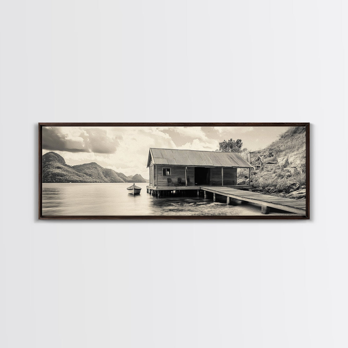 Lake Cabin, Rustic Dock, Mountain View, Serene Water, Framed Canvas Print, Entryway Wall Art, Vintage Travel Decor, Cozy Lakehouse Art