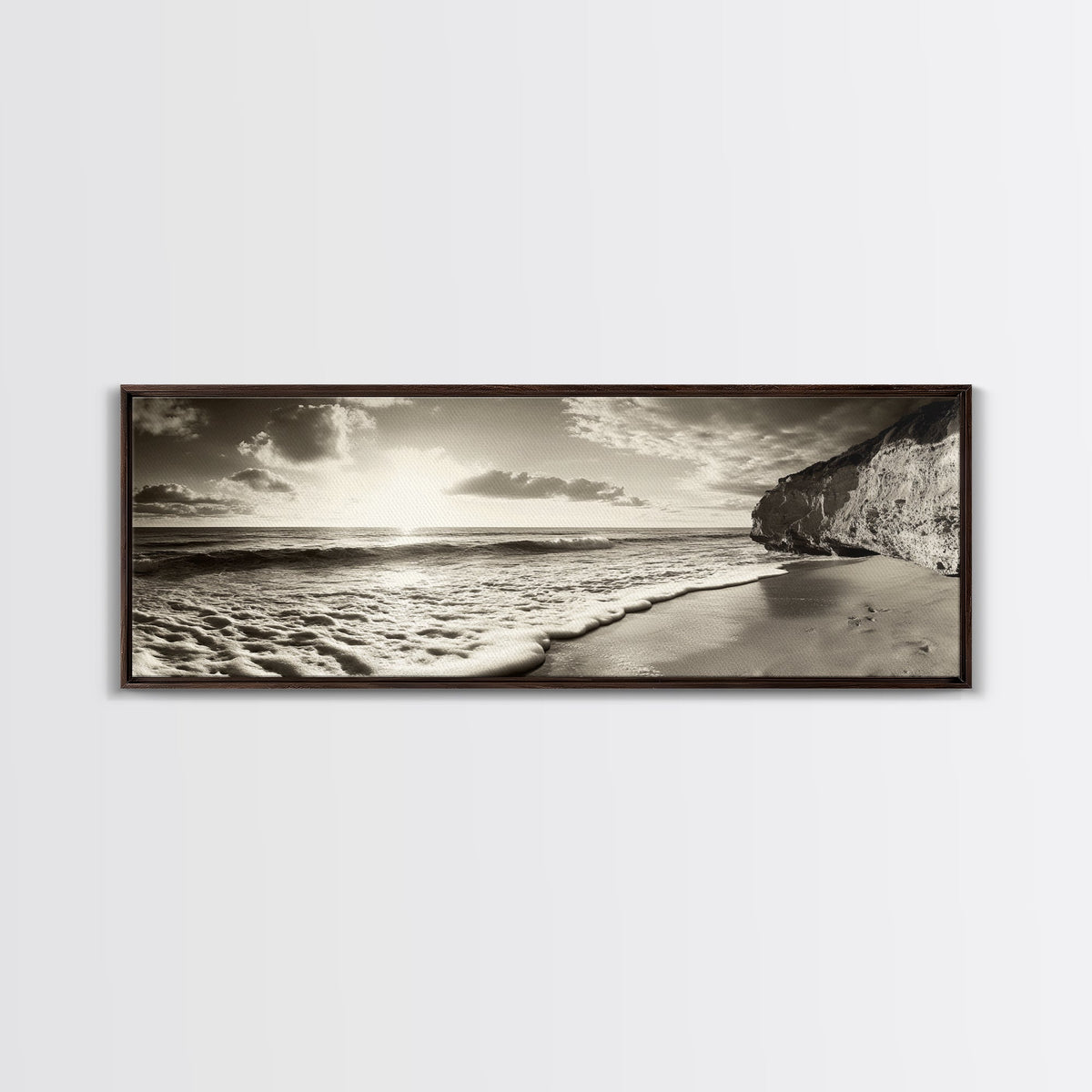 Cliff Coastline, Ocean Sunset, Beach Waves, Framed Canvas Print, seascape wall art, coastal bedroom decor, relaxing nature vibe, neutral art