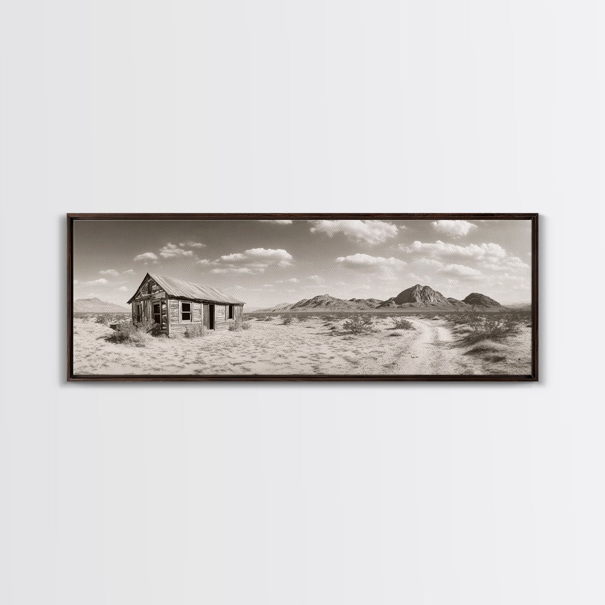 Desert Cabin, Rustic Shack, Western Landscape, Framed Canvas Print, Sepia Wall Art, Office Decor, Vintage Desert Scene
