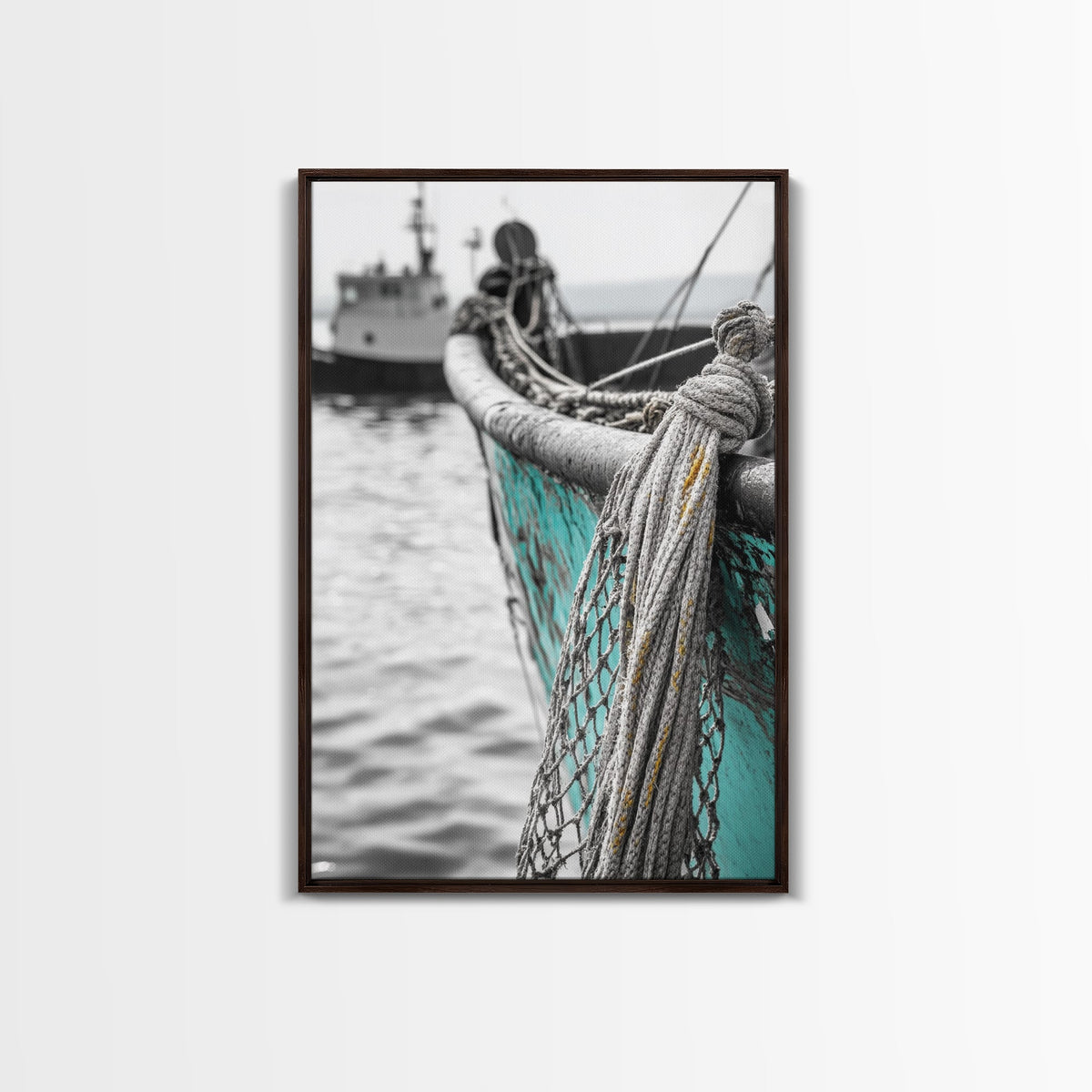 Nautical Texture, Vintage Boat, Rope Detail, Fishing Vessel, Framed Canvas Print, Coastal Wall Art, Rustic Decor, Maritime Photography