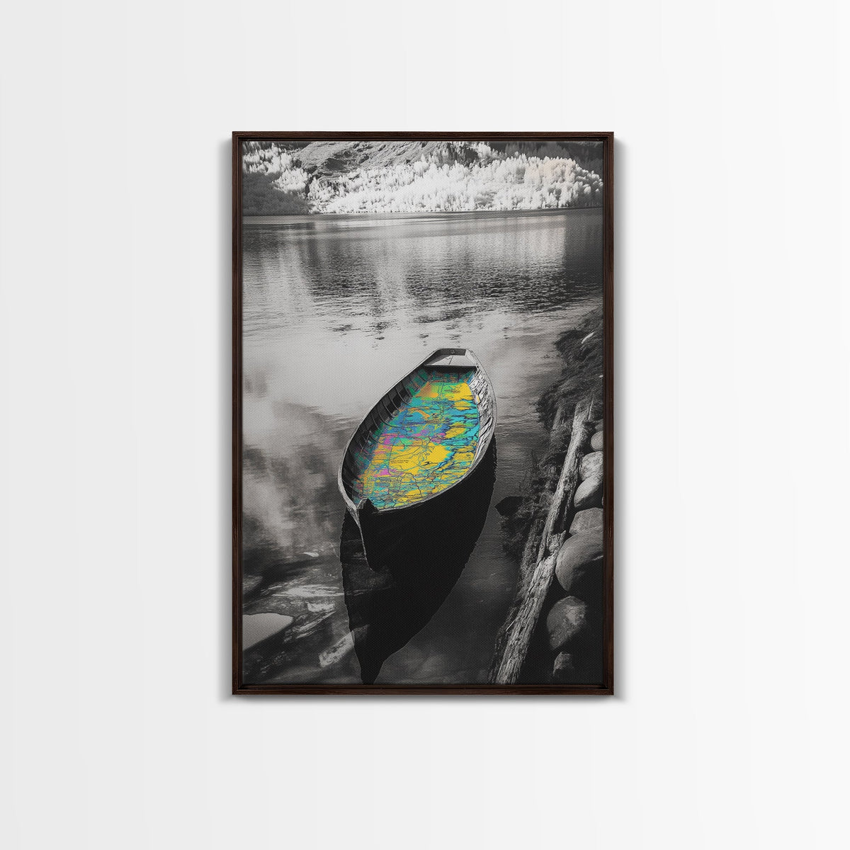 Rowboat Map Interior, Lake Reflections, Artistic Travel Theme, Canvas Print, Cabin Wall Art, Unique Lake House Decor, Explorer Style