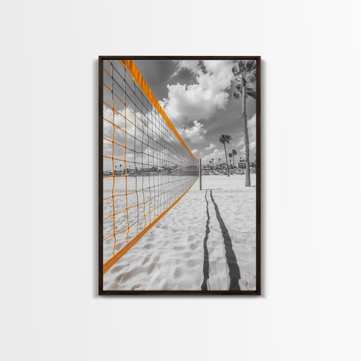 Volleyball Court, Sand and Net, Coastal Play, Framed Canvas Print, Sports Wall Art, Teen Room Decor, Summer Athletic Beach Vibes