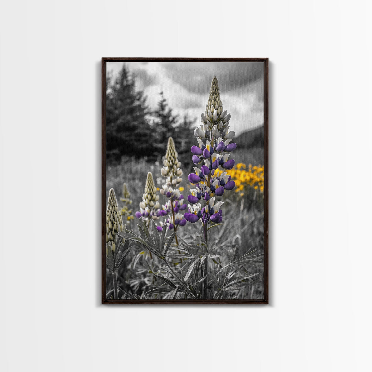 Purple Lupine Flowers, Wildflower Meadow Art, Country Botanical Print, Spring Nature Scene, Framed Canvas Print, Cottagecore Wall Art