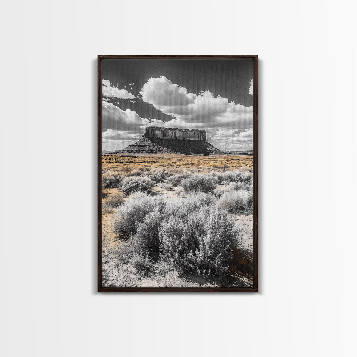 Desert Plateau View, Western Landscape Art, Rustic Nature Decor, Yellow Sagebrush, Framed Canvas Print, Southwestern Living Room Art