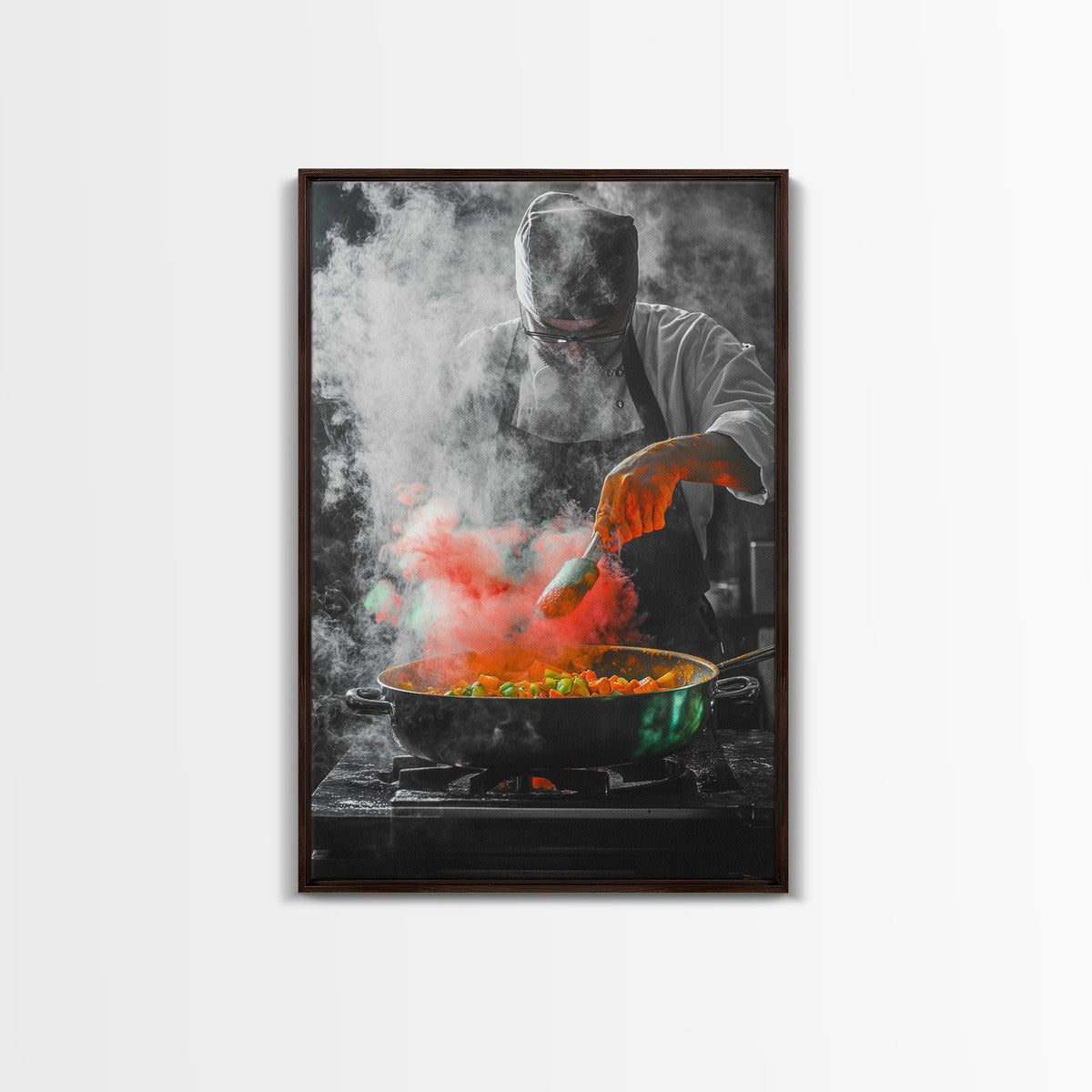 Chef Cooking, Kitchen Smoke, Artistic Culinary Scene, Framed Canvas Print, Modern Kitchen Wall Art, Vibrant Food Art, Chef Decor