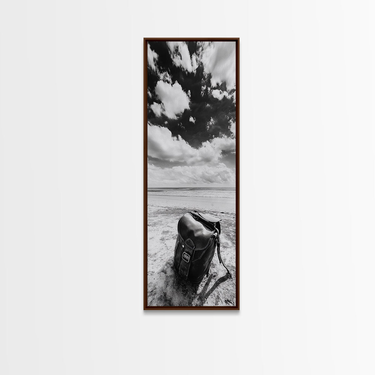 Leather Bag, Beach Canvas Print, wabi sabi wall art, minimalist art, coastal decor, rustic photography, vintage travel aesthetic, moody art