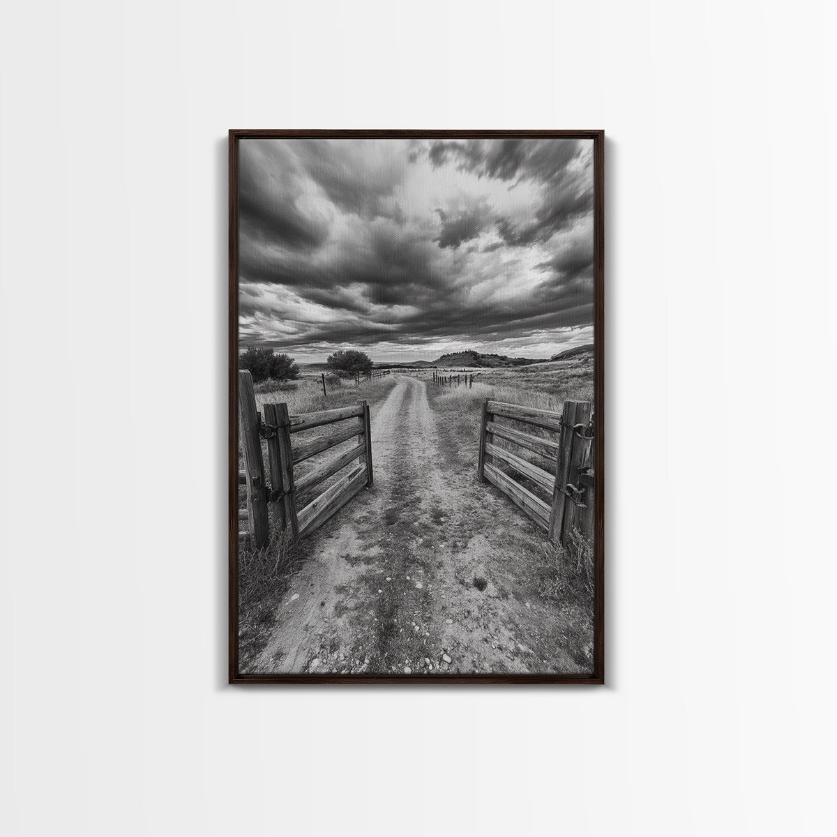Open Ranch Gate, southwest wall art, moody art, western home decor, rustic art, farmhouse painting, framed canvas print, cowboy aesthetic