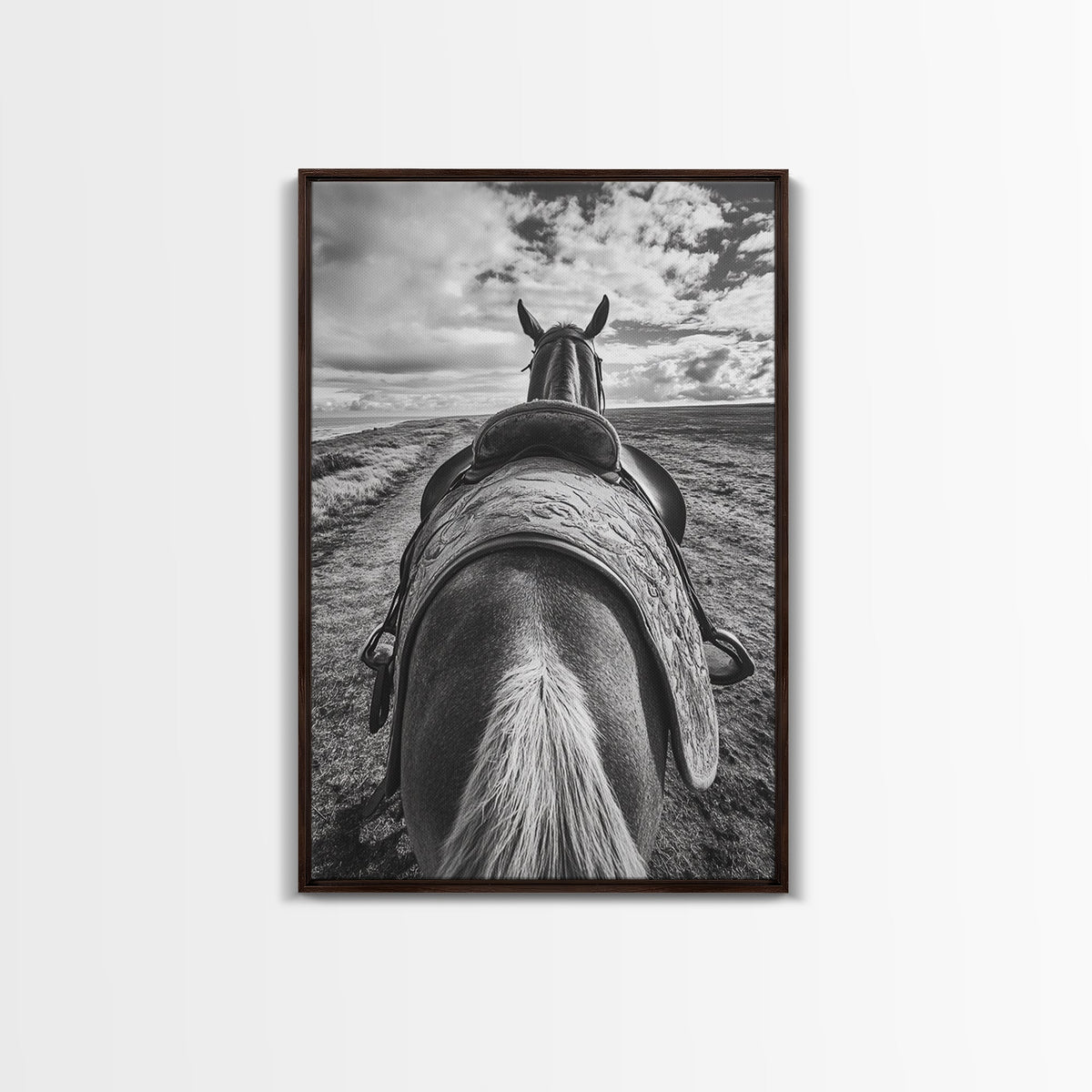 Horseback View, vintage horse art, equestrian decor, rustic wall art, western home decor, moody art, framed canvas print, farmhouse art